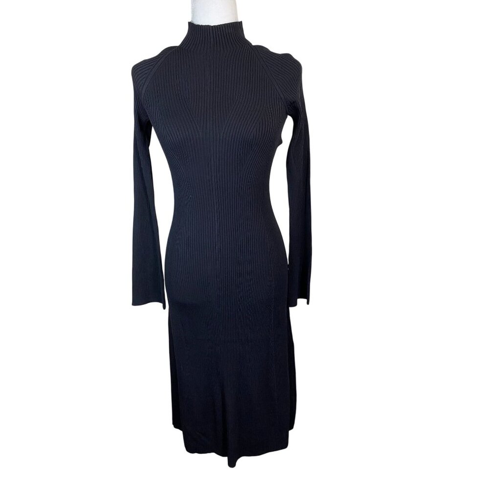New Everlane Black Ribbed Knit Mock Neck Midi Dress Sz Small Long Sleeve Stretch